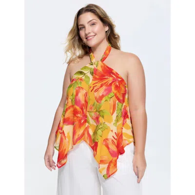Bloomchic Women's Plus Size Vibrant Floral Print Handkerchief Hem Tank Top Coral Vacation A-line Tie-neck 10/m In Orange