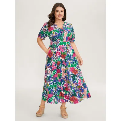 Bloomchic Women's Plus Size Vibrant Floral Print Notched Collar Maxi Dress Multicolor Floral Maxi Vacation Shi
