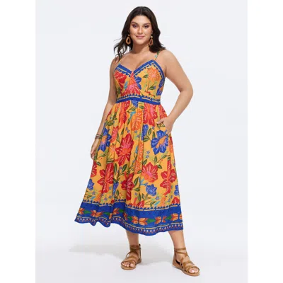 Bloomchic Women's Plus Size Vibrant Floral Print Pockets Cami Midi Dress Orangered Floral Maxi Vacation Smocke