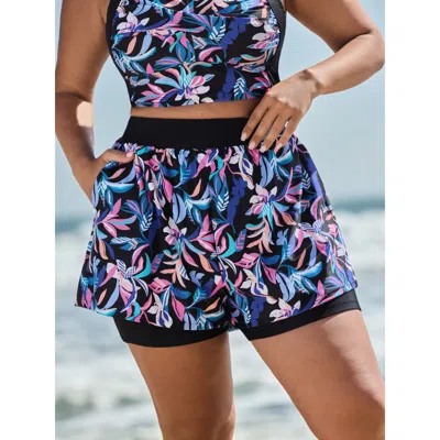 Bloomchic Women's Plus Size Vibrant Floral Print Pockets Swim Bottoms Multicolor Floral Short Patchwork Fully 