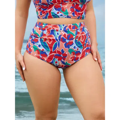 Bloomchic Women's Plus Size Vibrant Floral Print Ruched Swim Bottoms Mediumblue Floral Cropped Non Elastic Wai