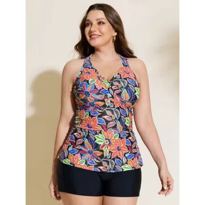 Bloomchic Women's Plus Size Vibrant Floral Print Ruched Swim Top Blackflower Floral Sleeveless Non Adjustable 