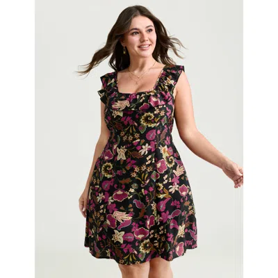 Bloomchic Women's Plus Size Vibrant Floral Print Ruffled Neckline Mini Dress Blackflower Bohemian Print Short 