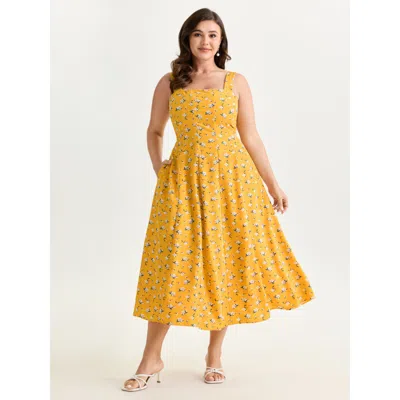 Bloomchic Women's Plus Size Vibrant Floral Print Waist-defining Midi Dress Lemonyellow Ditsy Floral Maxi Elega