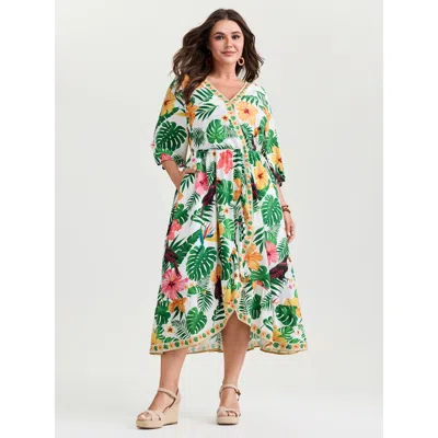 Bloomchic Women's Plus Size Vibrant Floral Print Wrap Neckline Midi Dress Multicolor Tropical Midi Vacation Ov