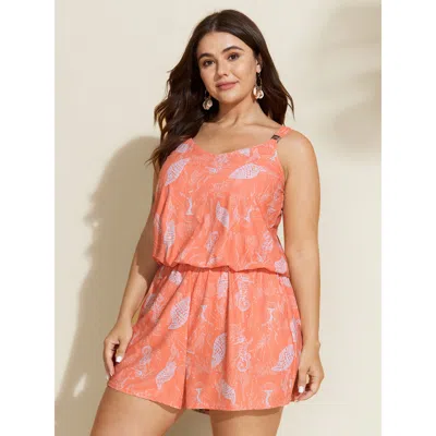 Bloomchic Women's Plus Size Vibrant Ocean Pattern Pocket One-piece Swimsuit Coral Marine Elements Non Bust Sup In Orange