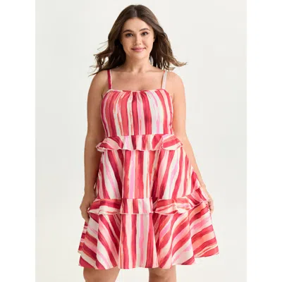 Bloomchic Women's Plus Size Vibrant Stripe Print Ruffled Tiered Mini Dress Multicolor Stripes Knee Length Casu