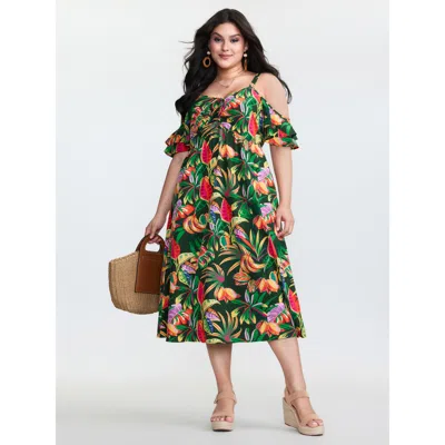 Bloomchic Women's Plus Size Vibrant Tropical Print Off-shoulder Midi Dress Multicolor Tropical Midi Vacation T
