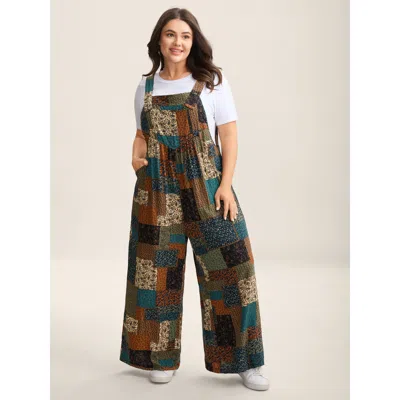 Bloomchic Women's Plus Size Vintage Boho Collage Overall Straps Jumpsuit Multicolor Casual Relaxed Fit 22-24/3