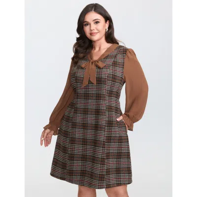 Bloomchic Women's Plus Size Vintage Check Tweed Ribbon Collar Midi Dress Darkbrown Plaid Mini Elegant Patchwor In Brown