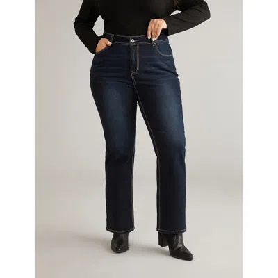 Bloomchic Women's Plus Size Vintage Contrast Seam Straight Leg Jeans Midnight Plain Plain High Stretch 10/m In Blue