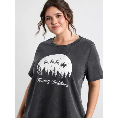 Bloomchic Women's Plus Size Vintage Cozy Merry Christmas Round Neck T-shirt Black Solid Casual Short Sleeve Ro