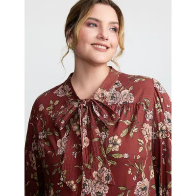 Bloomchic Women's Plus Size Vintage Floral Neck Ribbon Tie Blouse Burgundy Floral Elegant Long Sleeve 28/5x