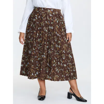 Bloomchic Women's Plus Size Vintage Floral Pleated Maxi Skirt Browncoffeecolor Colorblock Straight Fit Elegant