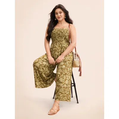 Bloomchic Women's Plus Size Vintage Flower Shirred Frill Trim Jumpsuit Olive Everyday 22-24/3x In Green