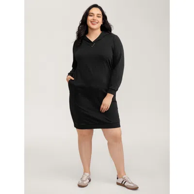 Bloomchic Women's Plus Size Vintage Hooded Sweatshirt Midi Dress Black Non Knee Casual Button 12/l