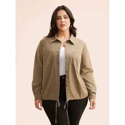 Bloomchic Women's Plus Size Vintage Patched Pocket Drawstring Shirt Denimcopper Casual Long Sleeve 12/l