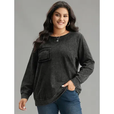 Bloomchic Women's Plus Size Vintage Patched Pocket Round Neck Sweatshirt Dimgray Plain Everyday 14-16/1x
