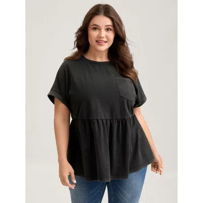Bloomchic Women's Plus Size Vintage Pocket Babydoll T-shirt Black Non Casual Short Sleeve 12/l