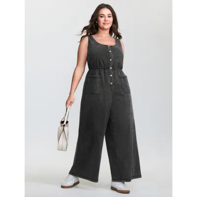 Bloomchic Women's Plus Size Vintage Pockets Button-front Jumpsuit Acidwashblack Casual 22-24/3x