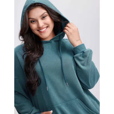 Bloomchic Women's Plus Size Vintage Pockets Solid Hoodie Cerulean Casual 12/l In Blue