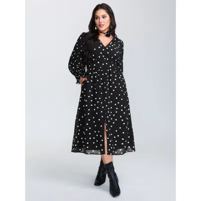Bloomchic Women's Plus Size Vintage Polka Dots Puffy Sleeve Midi Dress Black Polka Dots Midi Elegant 30/6x