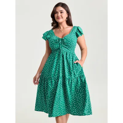 Bloomchic Women's Plus Size Vintage Polka Dots Ruched Bowknot Midi Dress Emerald Polka Dots Midi Elegant Tie K In Green