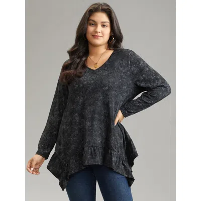 Bloomchic Women's Plus Size Vintage Print V Neck Hanky Hem T-shirt Black Long Sleeve Dailywear 10/m