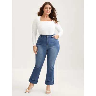 Bloomchic Women's Plus Size Vintage Raw Hem Bootcut Jeans Denimblue Patchwork Slight Flare Medium Stretch 10/m In Blue