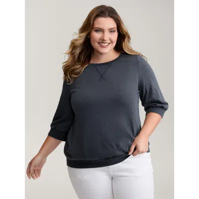 Bloomchic Women's Plus Size Vintage Round Neck Solid Sweatshirt Darkblue Casual 10/m In Blue