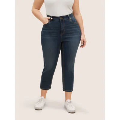 Bloomchic Women's Plus Size Vintage Slanted Pocket Roll Hem Jeans Darkblue Straight Fit High Stretch 24/3x In Blue