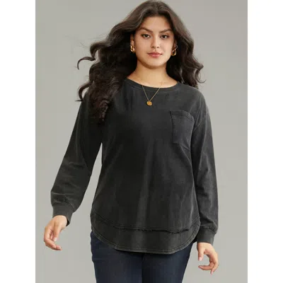 Bloomchic Women's Plus Size Vintage Split Arc Hem Patched Pocket Sweatshirt Black Plain Everyday 14-16/1x