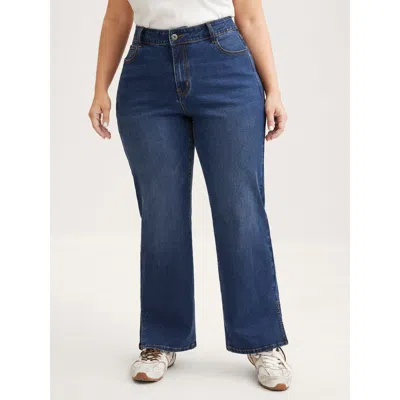 Bloomchic Women's Plus Size Vintage Split Hem Straight-leg Jeans Denimblue Slit Straight Fit High Stretch 12/l In Blue