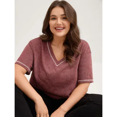 Bloomchic Women's Plus Size Vintage Stretchy V-neck T-shirt Russet Non Casual Short Sleeve 10/m In Brown