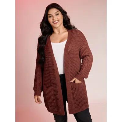 Bloomchic Women's Plus Size Vintage Textured Pockets Knit Cardigan Rust Long Sleeve 10/m In Brown