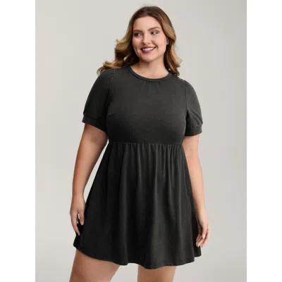 Bloomchic Women's Plus Size Vintage Wash Pockets Flared Mini Dress Black Solid Mini Casual Non 10/m