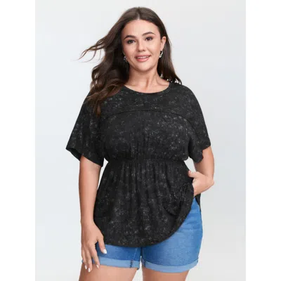 Bloomchic Women's Plus Size Vintage Wash Raglan Sleeve T-shirt Black Non Casual Short Sleeve 12/l