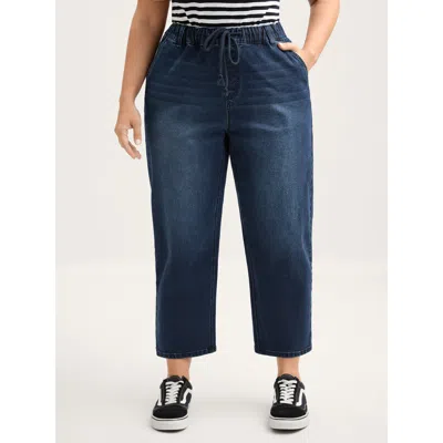 Bloomchic Women's Plus Size Vintage Wash Rubber Waist Straight-leg Jeans Bluevintage Elastic Waist Tapered Fit