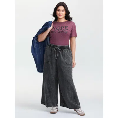 Bloomchic Women's Plus Size Vintage Washed Drawstring Wide Leg Pants Black Non Wide Leg Mid Rise Casual 12/l