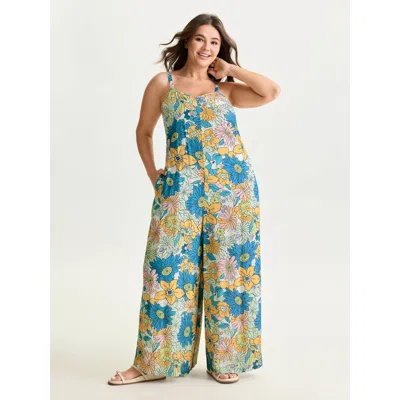 Bloomchic Women's Plus Size Vivid Groove Stretchy Adjustable Jumpsuit Cerulean Casual 10/m In Blue