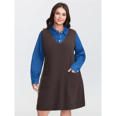 Bloomchic Women's Plus Size V-neck A-line Sleeveless Sweater Dress Browncoffeecolor Non Short 10/m