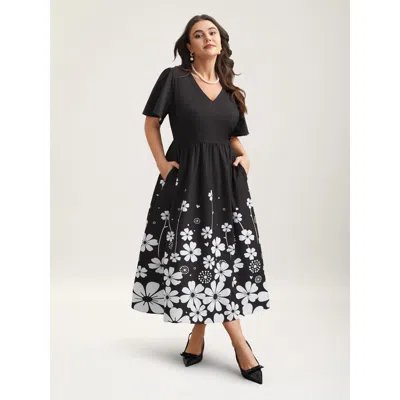 Bloomchic Women's Plus Size V-neck Floral Print Flared Sleeve Dress Black Floral Midi Elegant Non 10/m