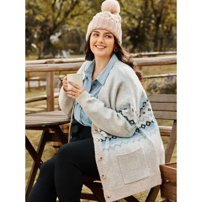 Bloomchic Women's Plus Size V-neck Geometric Pattern Button Front Cardigan Apricot Long Sleeve 30/6x In Orange