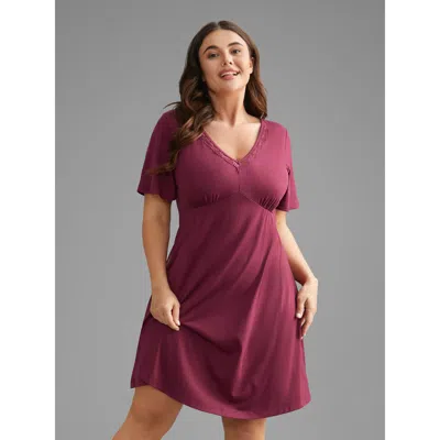 Bloomchic Women's Plus Size V-neck Lace Trim Nightgown Deeppurplered Short Sleeve Midi V-neck 12/l