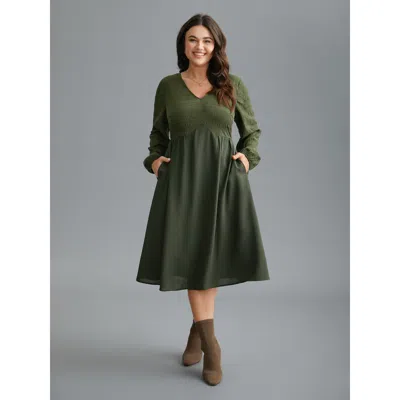 Bloomchic Women's Plus Size V-neck Splicing Textured Knit Dress Armygreen Everyday Midi Texture 22-24/3x