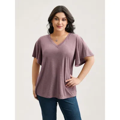 Bloomchic Women's Plus Size V-neck Stretchy Flared Sleeve T-shirt Dustypink Solid Casual Short Sleeve V-neck 1 In Pink