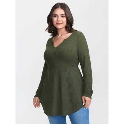 Bloomchic Women's Plus Size Waffle Backless Tie Curvy Hem Top Armygreen Long Sleeve Casual V-notch Neck 10/m