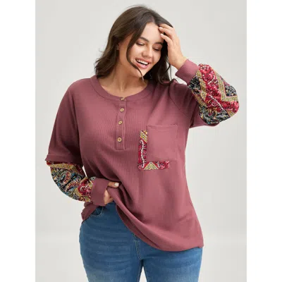 Bloomchic Women's Plus Size Waffle Grid Contrast Paisley Solid Sleeve Sweatshirt Dustypink Casual 12/l In Pink