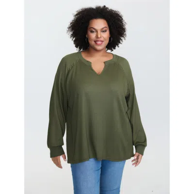 Bloomchic Women's Plus Size Waffle Grid Notched Collar Lace Sweatshirt Armygreen Not Graphics Casual V-notch N