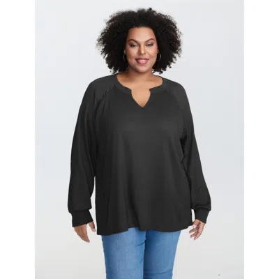 Bloomchic Women's Plus Size Waffle Grid Notched Collar Lace Sweatshirt Black Not Graphics Casual V-notch Neck 